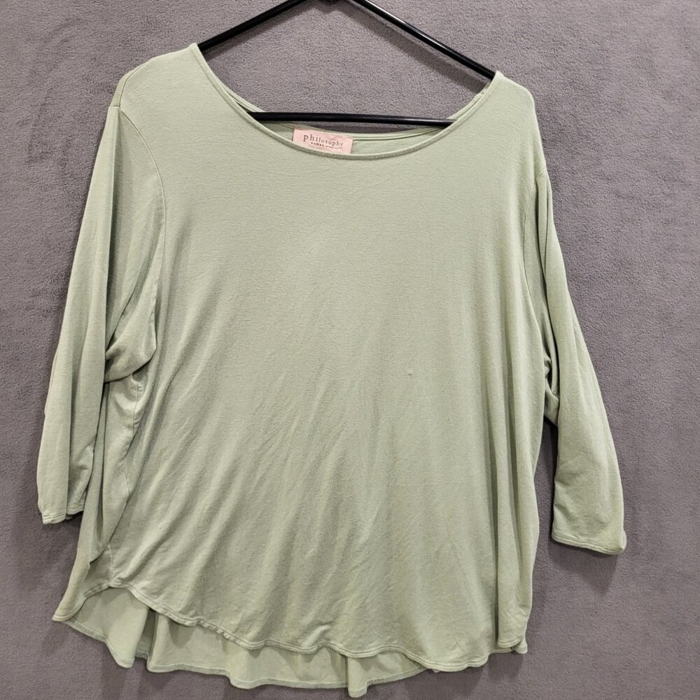 Philosophy Shirt Women’s 2X Stretch 3/4 Sleeve Green Scoop Hem‎ Soft Comfy